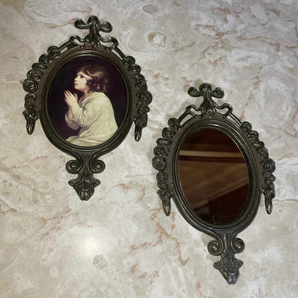 Vintage Italian Made Metal Oval Ornate‎ Frames Young Praying Child Mirror